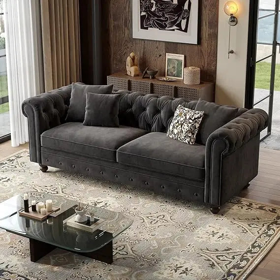 82" Chesterfield Velvet Sofa Couch Tufted Rolled Arms Deep Seat for Living Room