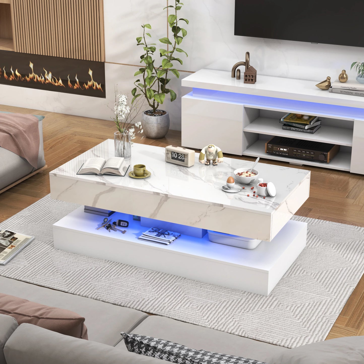 Modern Coffee Table with LED Lights Double-Layer Design Storage Drawers