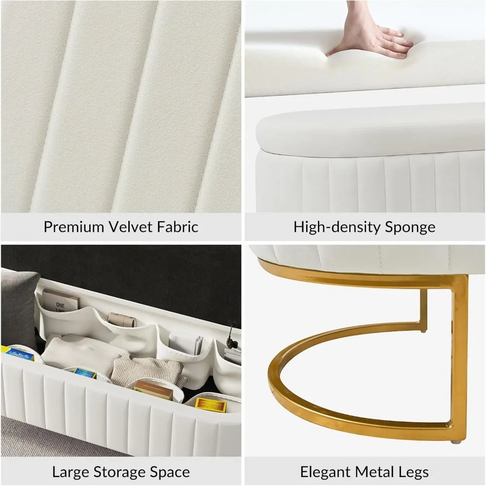 55.5 Inch Velvet Storage Ottoman Bench with Gold Legs Modern Design
