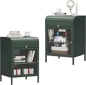 Metal Nightstand Set of 2 Modern Side Table Flip-Top Storage Glass Door