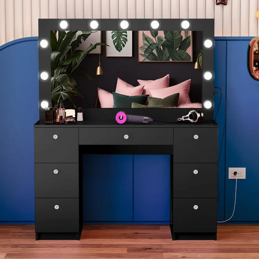 Yara Large Vanity Makeup Desk with Hollywood Mirror and Built-in Lights