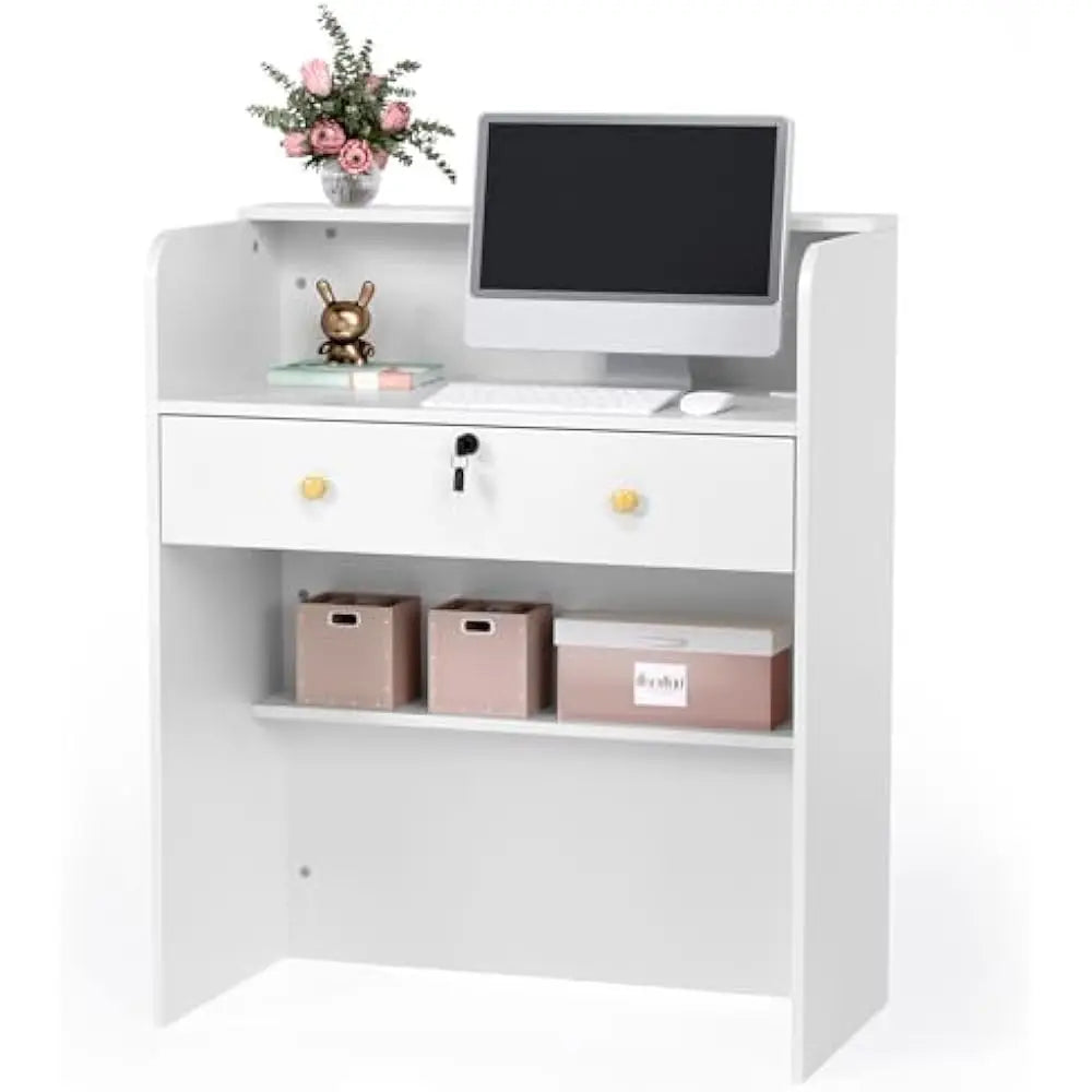 Reception Desk Small Modern Wooden Front Desk with Lockable Drawer