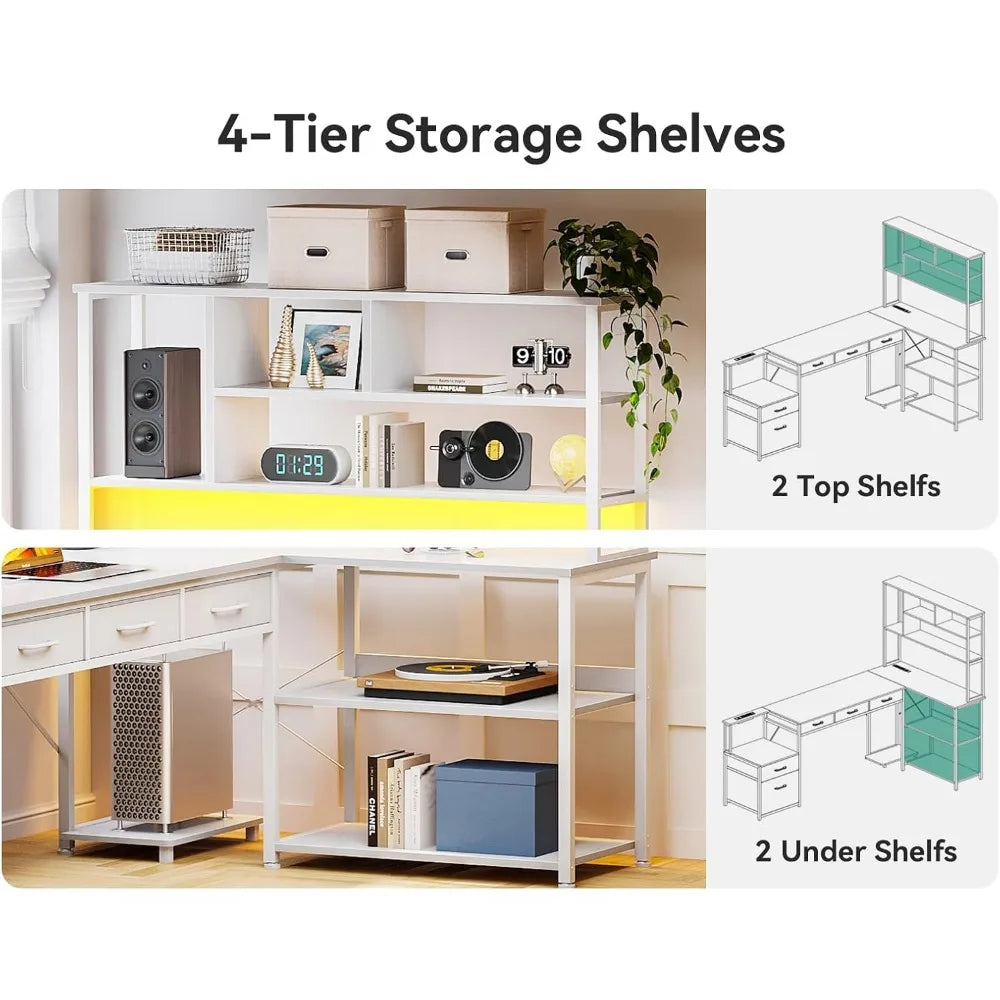 L Shaped Desk 79 Inch with LED Lights Power Outlets and File Drawers