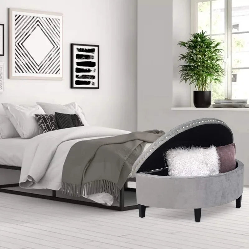 Tufted Lift Top Storage Ottoman Half Moon Footrest Stool Soft Seat