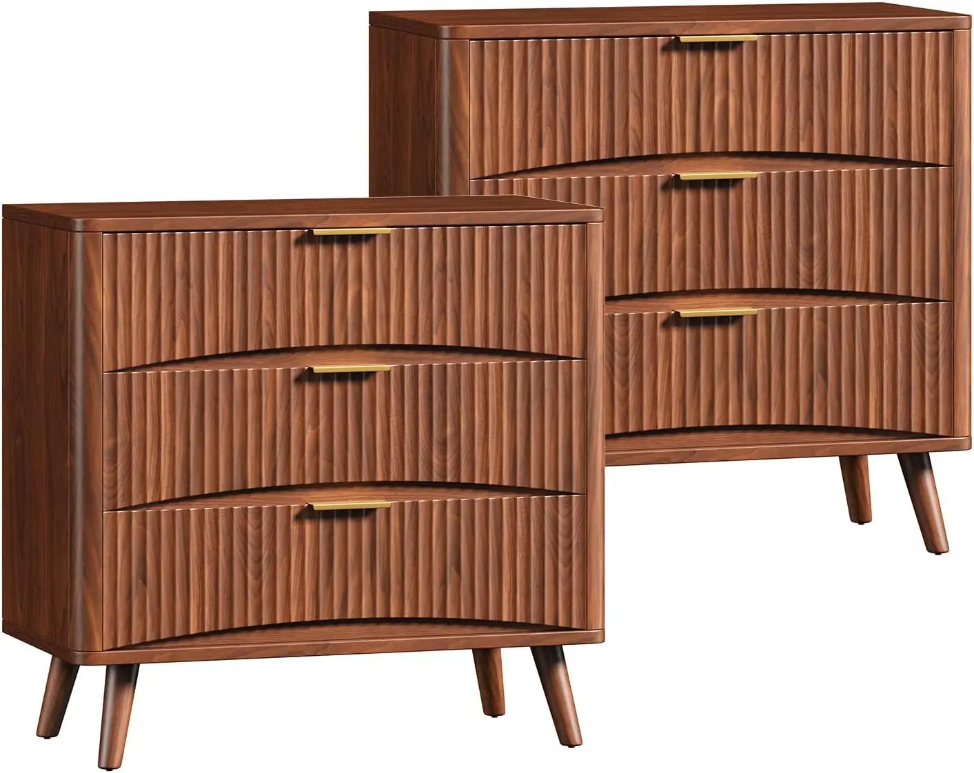 Large Fluted Nightstands Set of 2 3-Drawer Wood Bedside Table