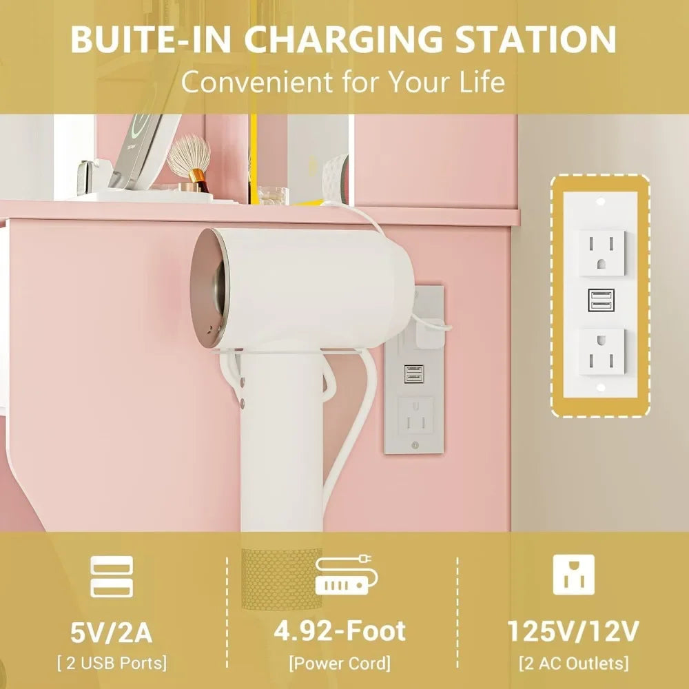 LED Makeup Vanity Desk with Mirror and Storage Drawers Chair Set