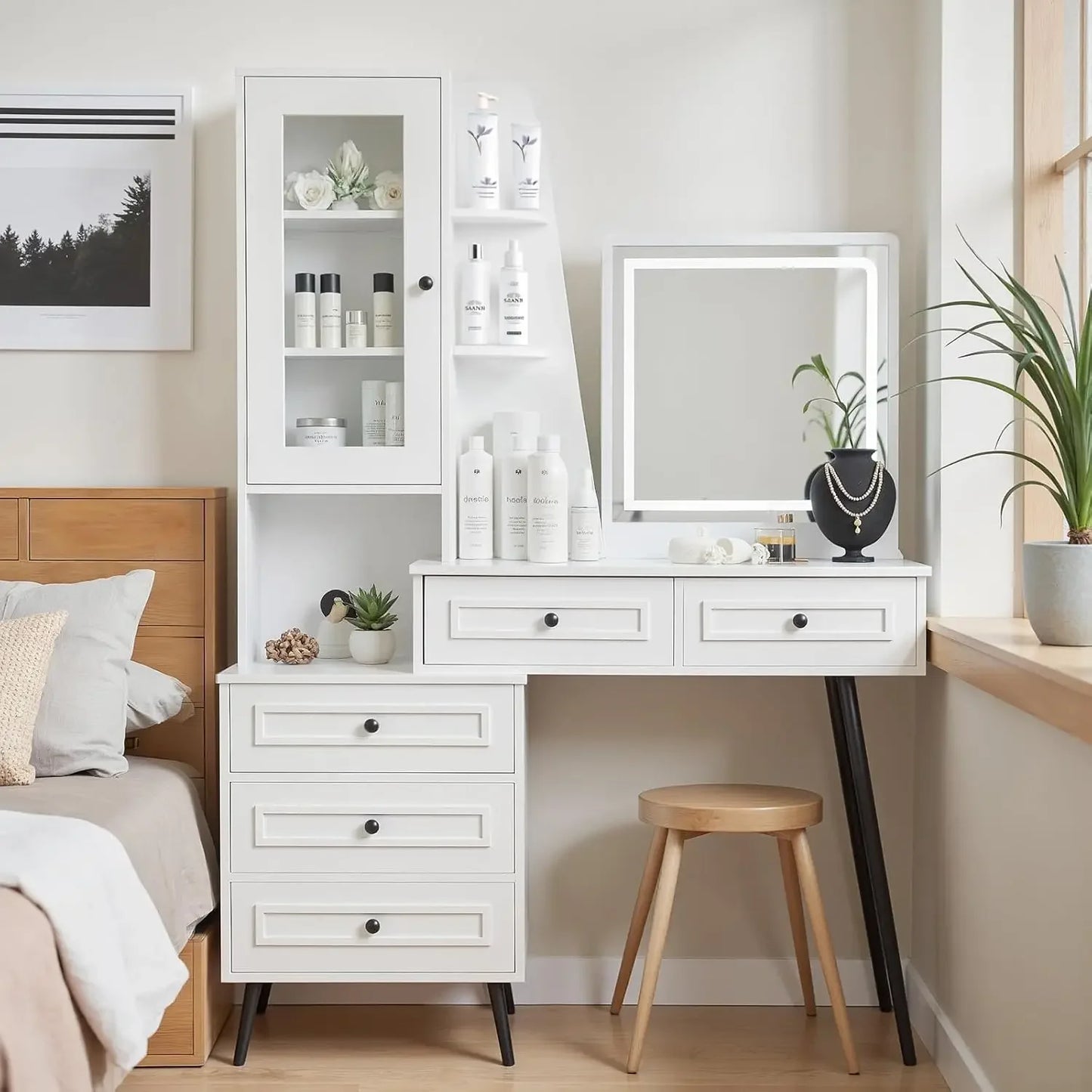 Makeup Vanity Desk with Mirror LED Lights Charging Storage Glass Top