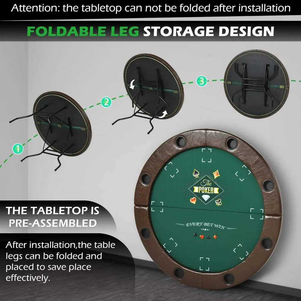 Foldable Round Poker Table for 8 Players with Cup Holders and Padded Rails