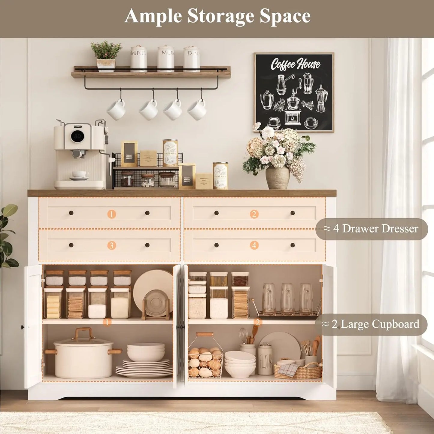 55 Inch Coffee Bar Buffet Cabinet with Storage and Large Drawers