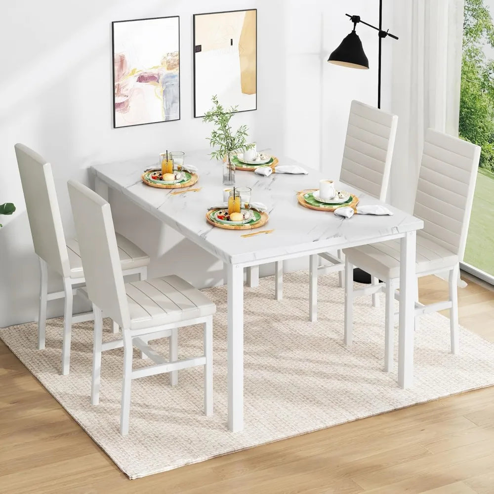 Dining Table Set for 4 Marble Top with Comfortable PU Leather Chairs