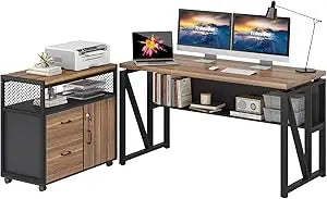 L Shaped Computer Desk Mobile File Cabinet Executive Office Furniture Set