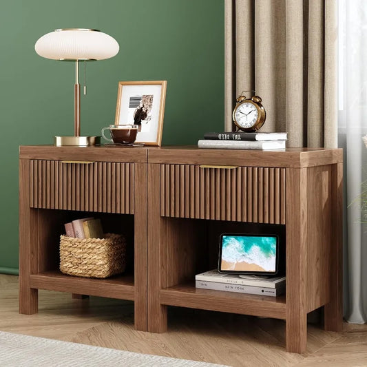 Nightstand Set of 2 Modern Bedside Table with Storage Fluted Cabinet