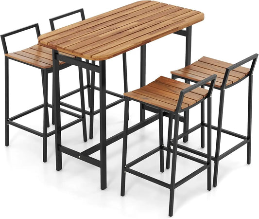 5 Piece Acacia Wood Outdoor Bar Table Set for Deck Garden Poolside