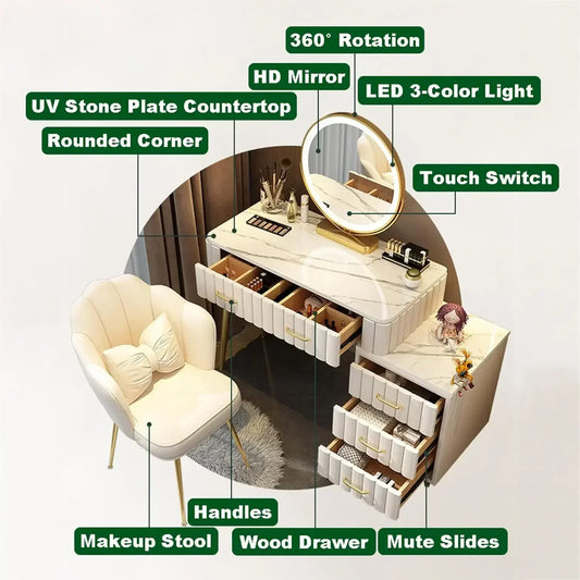 Luxury Vanity Set with 5 Drawers LED Mirror Adjustable Makeup Table