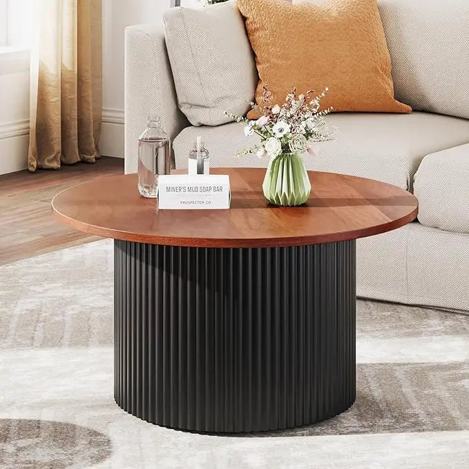 Round Coffee Table Mid Century Modern Wooden Accent Cocktail Table 32"