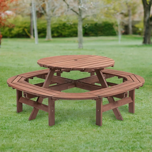 10 Person Solid Wood Outdoor Round Picnic Table and Bench Set