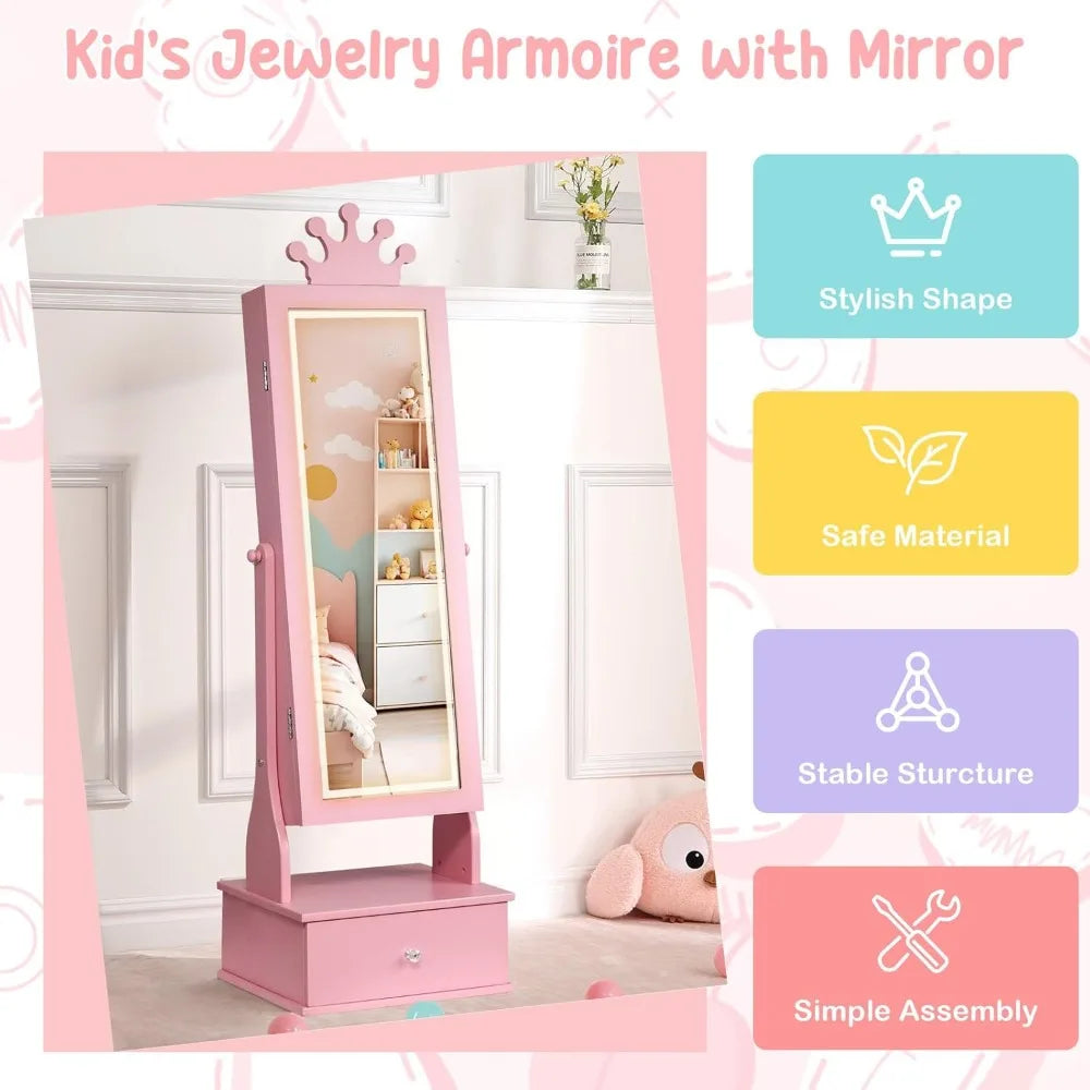Kids Jewelry Armoire Cabinet with Mirror LED Light Organizer Storage