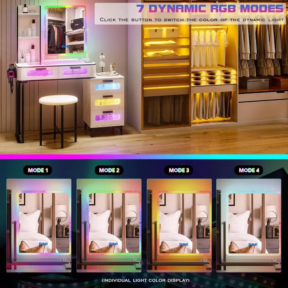 Makeup Vanity Table with Wireless Charging USB Ports 5 Drawers LED Mirror