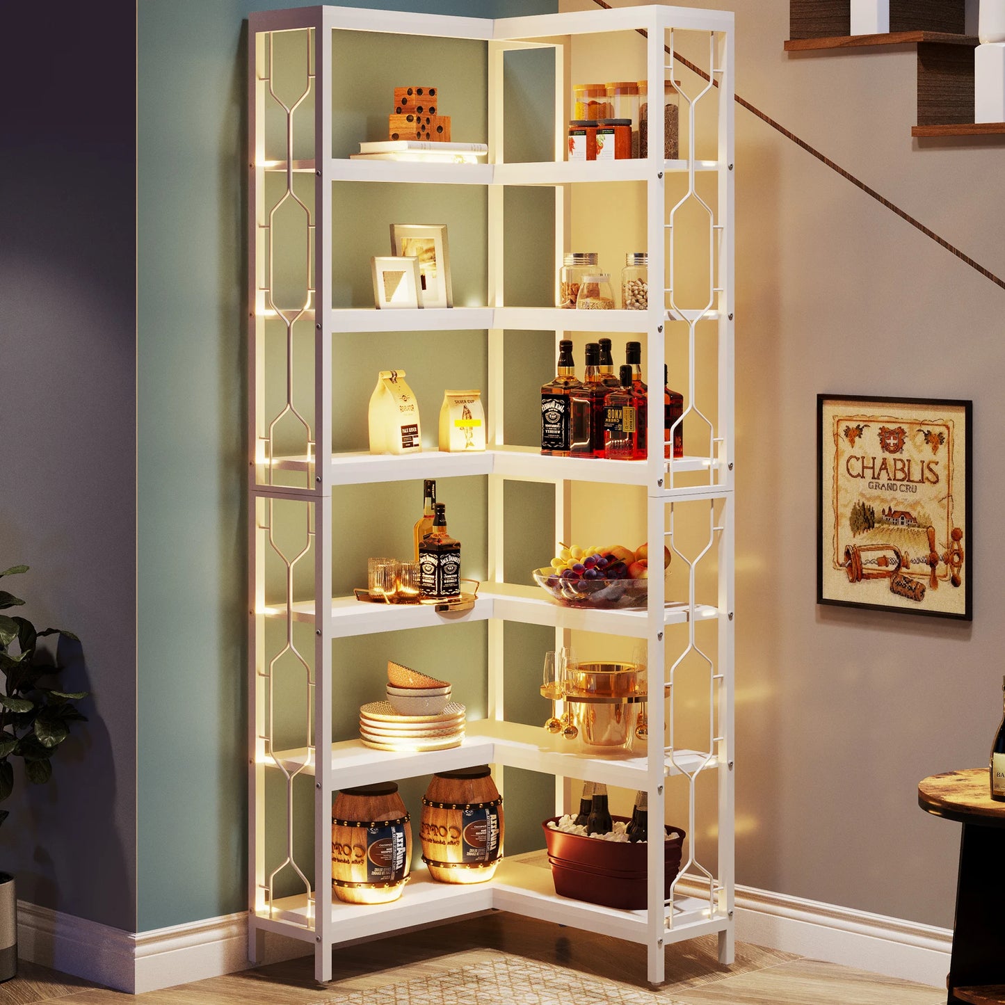 Ljustra 7-Tier Industrial Corner Shelf Wood Metal Bookcase Display Unit