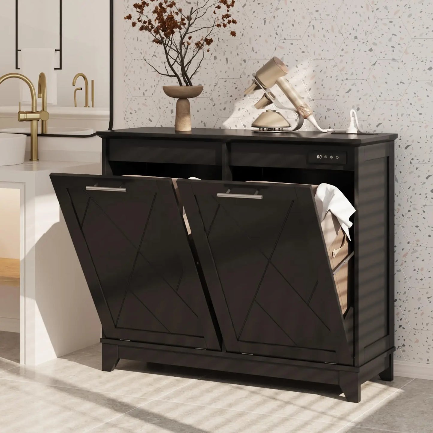 Tilt Out Trash Can Cabinet with Charging Station and Deodorizing Function