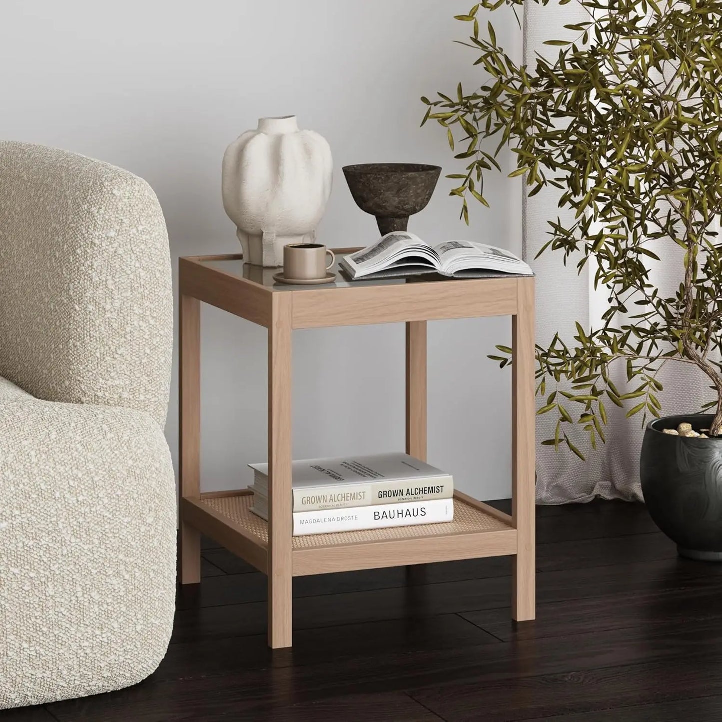 Sonia Boho Round Accent End Table Natural Wood Rattan Storage Shelf