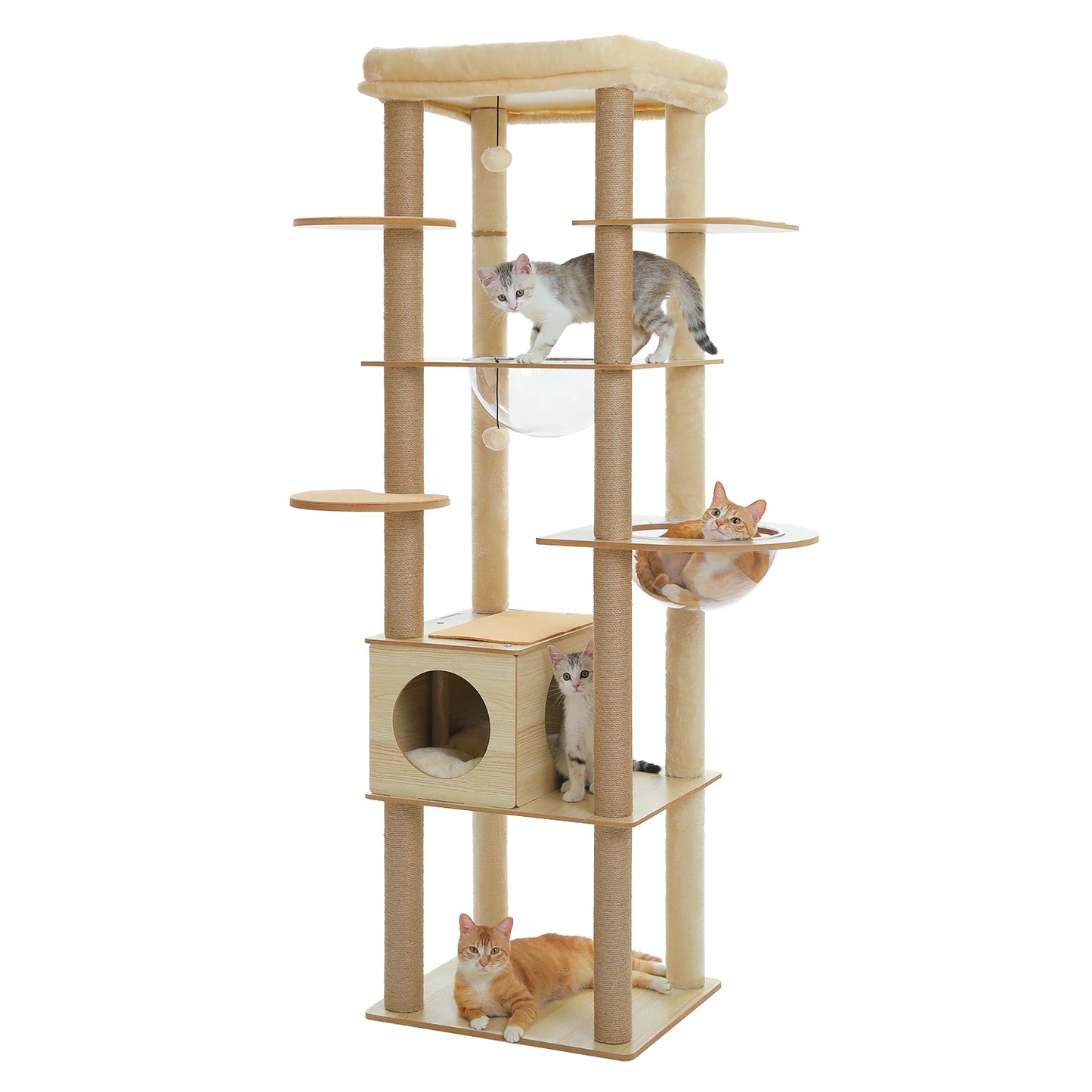 Multi-Level Cat Tree Indoor Wood Tower with Hammock Scratching Posts