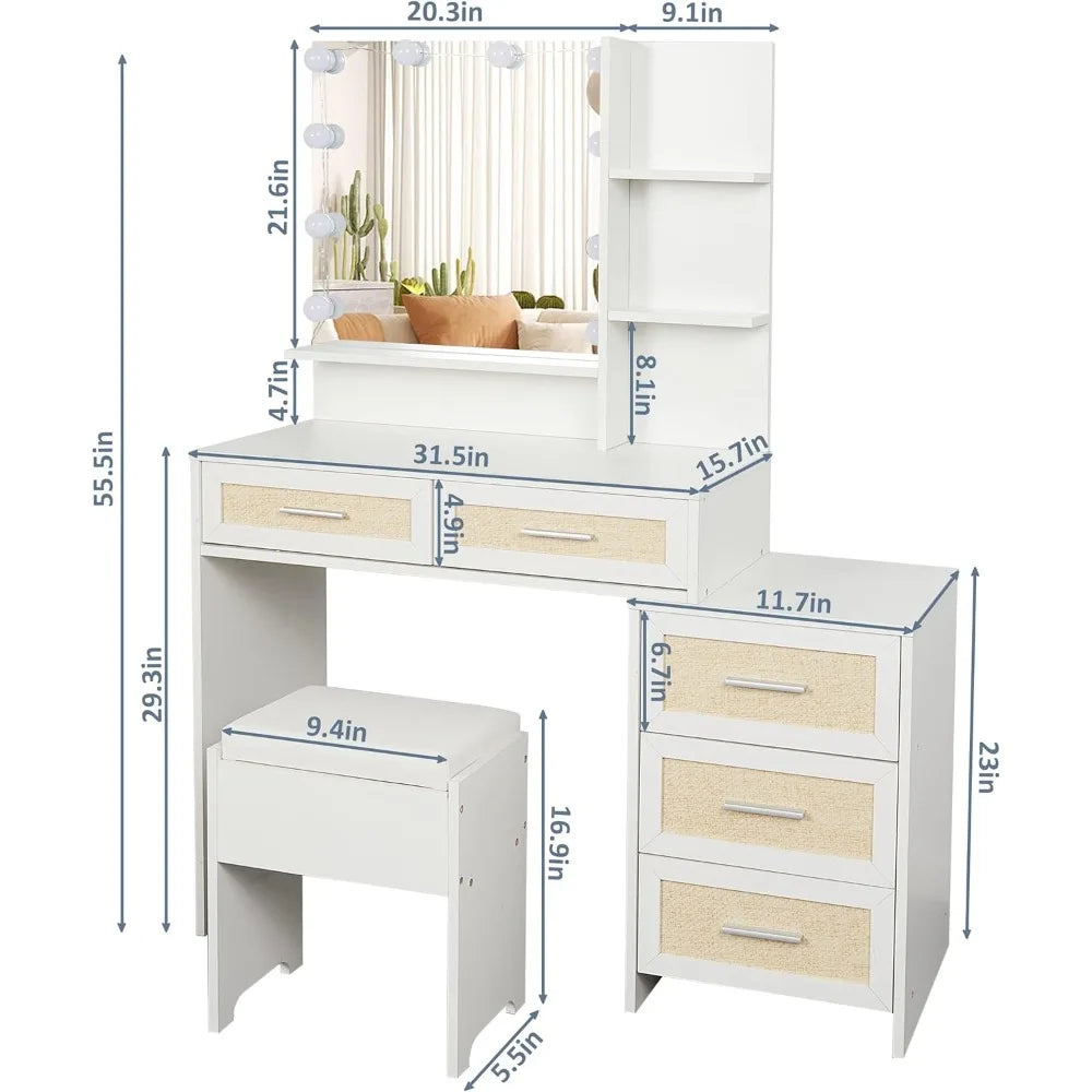 Boho Rattan Vanity Desk with Mirror Lights Bedroom Makeup Set