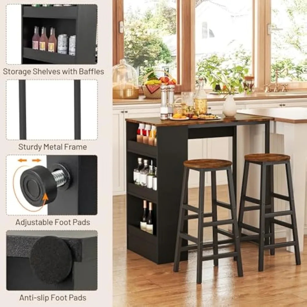 Modern 3-Piece Bar Table Set with Storage Shelves and 2 Chairs