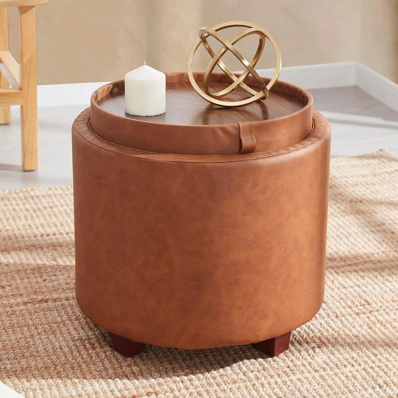 Lawrence Round Storage Ottoman Lift Off Lid Tray Coffee Table Living Room