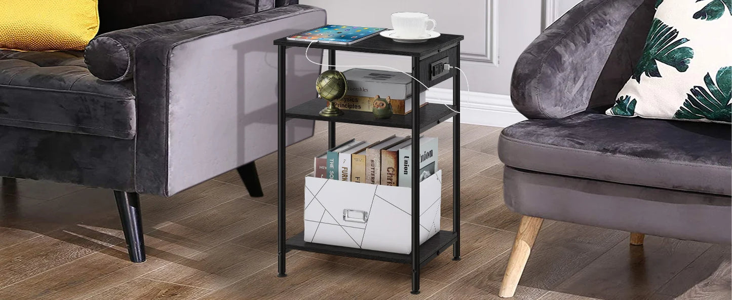 Space Saving Nightstand with USB Ports and Storage Drawer for Bedroom