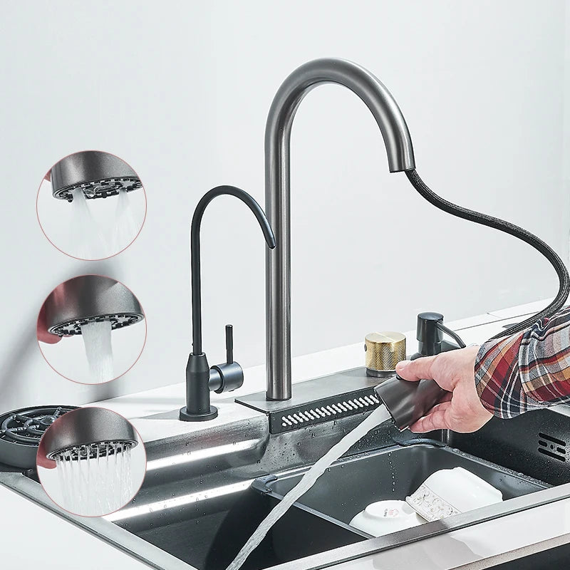 Ljustra Stainless Steel Waterfall Kitchen Sink Integrated Faucet Dispenser