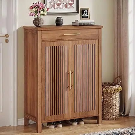 Shoe Cabinet 5-Tier Storage Organizer Louvered Doors Freestanding Rack