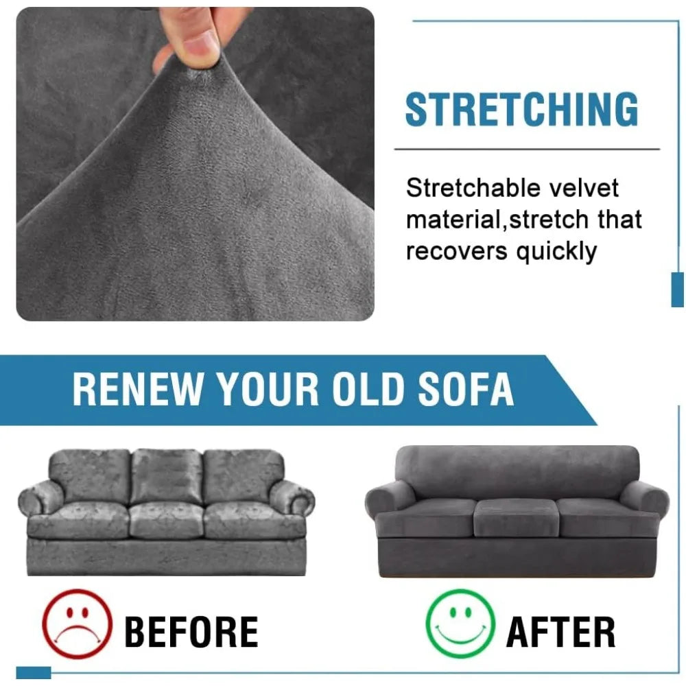 4-Piece Velvet Sofa Slipcover T-Cushion Stretch Fit | Couch Cover 72-90"