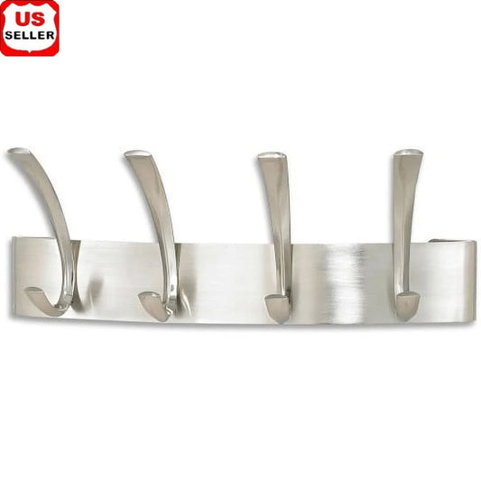 Wall Mounted Metal Coat Rack 4 Hooks Brushed Nickel Steel Hangers