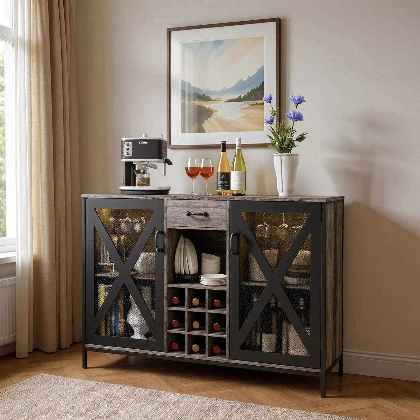 55 Inch Vintage Wooden Bar Cabinet with Drawer for Kitchen Dining Room