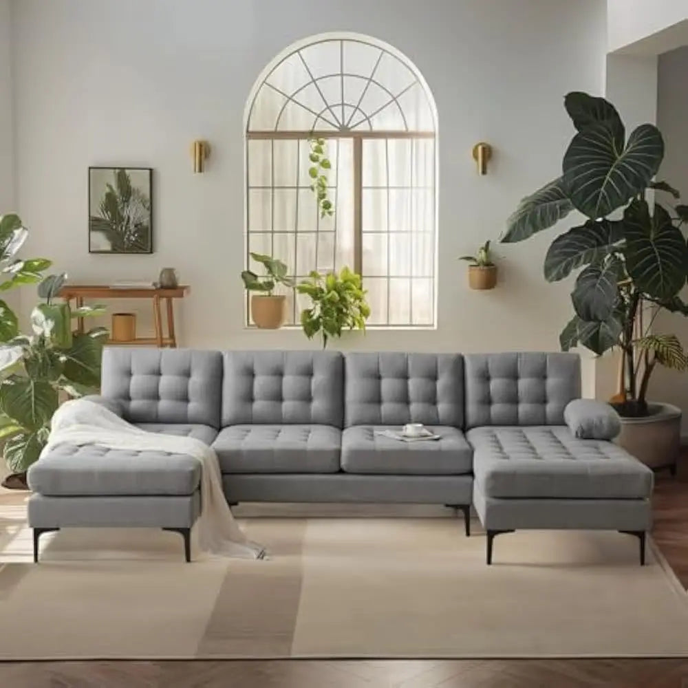 Modern U Shaped Sectional Sofa with Double Chaise, Tufted Button Couch
