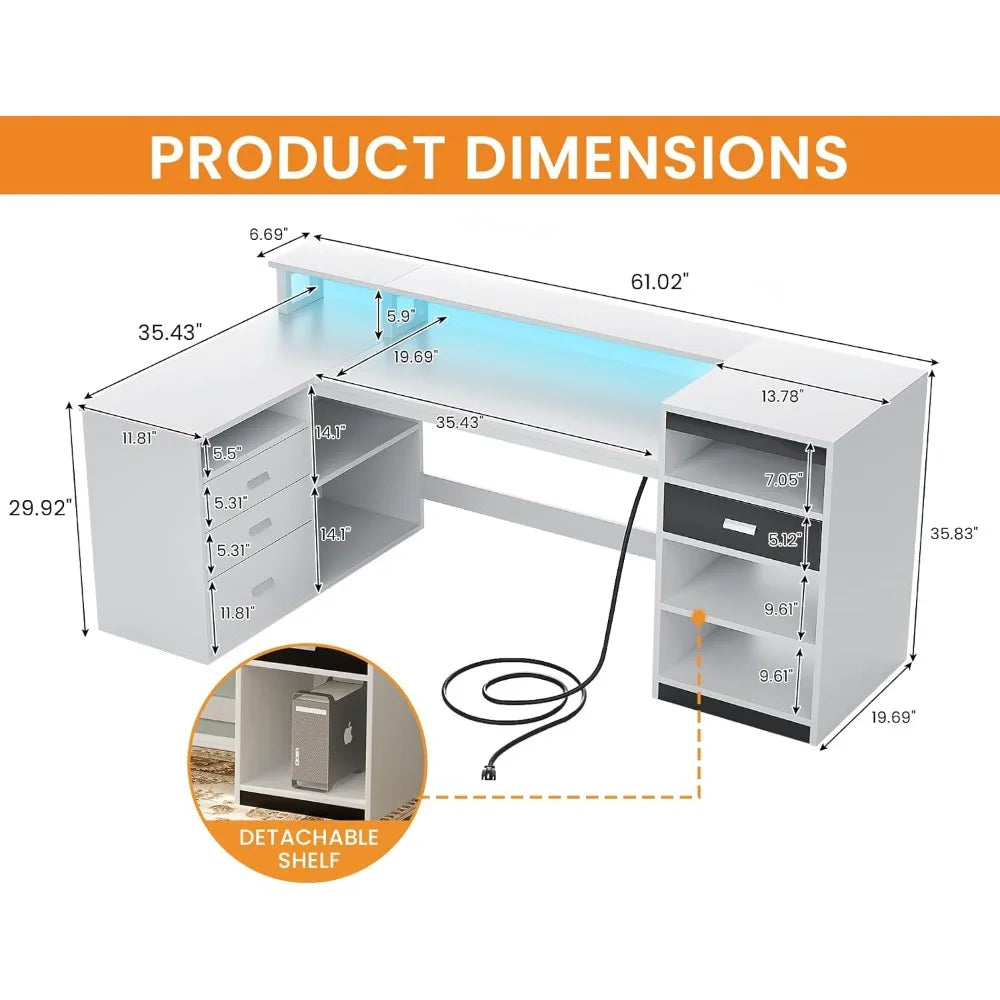 L Shaped White Computer Desk with Drawers Storage Shelves Home Office
