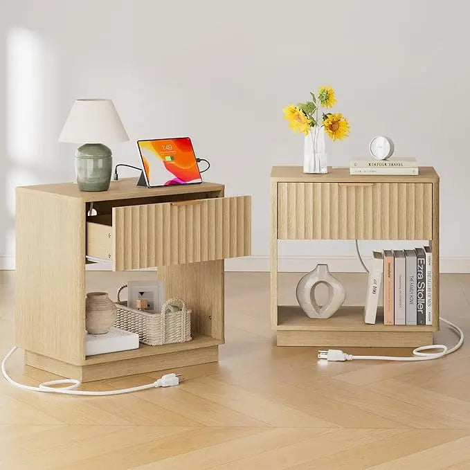 Fluted Nightstand Set of 2 with Charging Station and Faux Stone Top