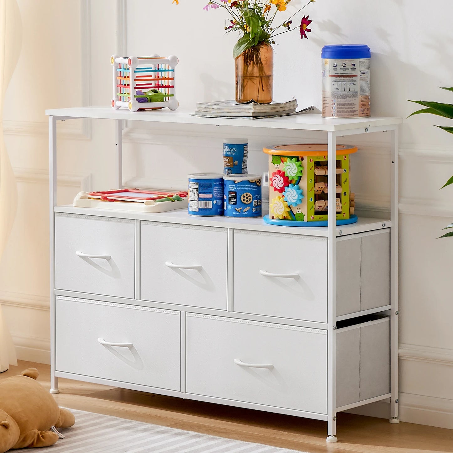 Ljustra Modern Fireplace TV Stand Dresser with 5 Fabric Drawers