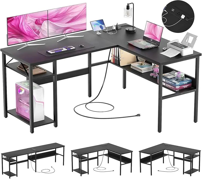 Reversible L Shaped Gaming Desk with USB Ports and Storage Shelf