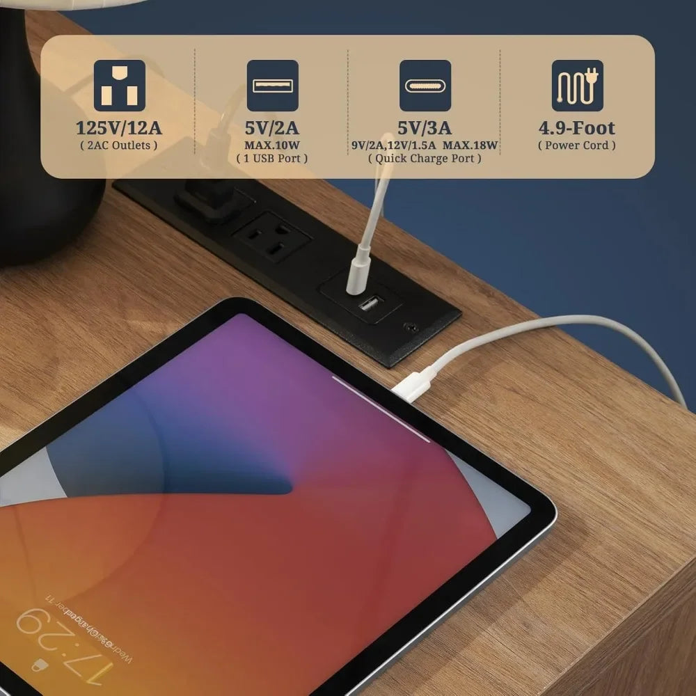 Nightstand Set of 2 Rattan Bedside Table with Charging Station