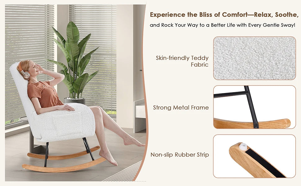 Rocking Chair Nursery Upholstered Glider Armchair High Backrest Padded Seat