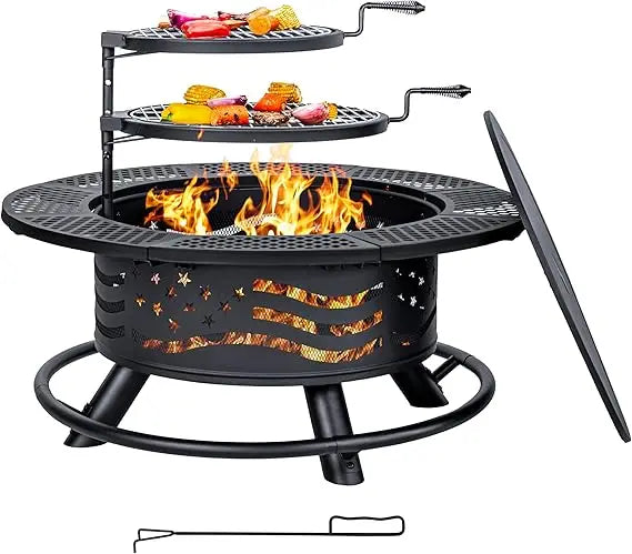36 Inch Fire Pit with Cooking Grates Outdoor Wood Burning BBQ Grill