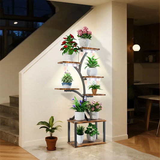 7 Tier Tree Shaped Plant Stand Metal Flower Pot Display Holder Lights