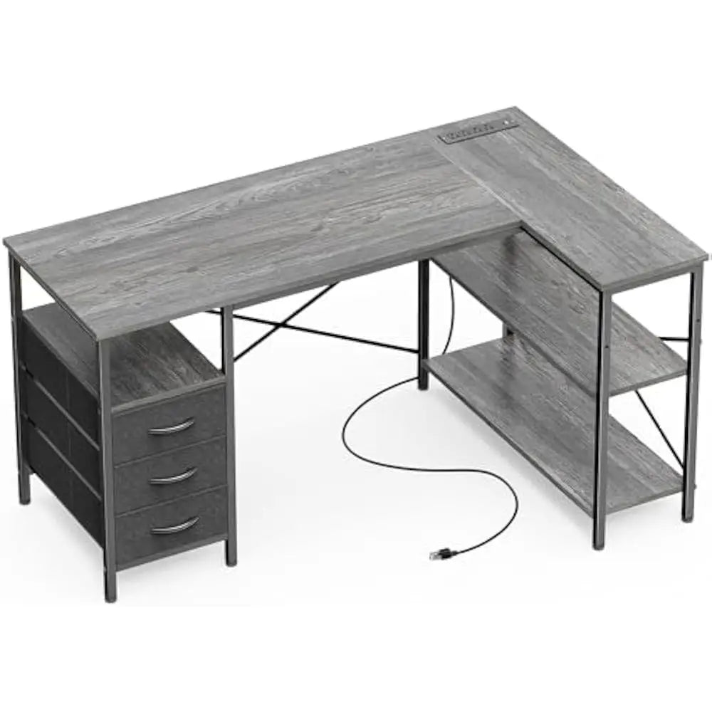 L Shaped Office Desk with Power Outlets and 3 Drawers for Home Office