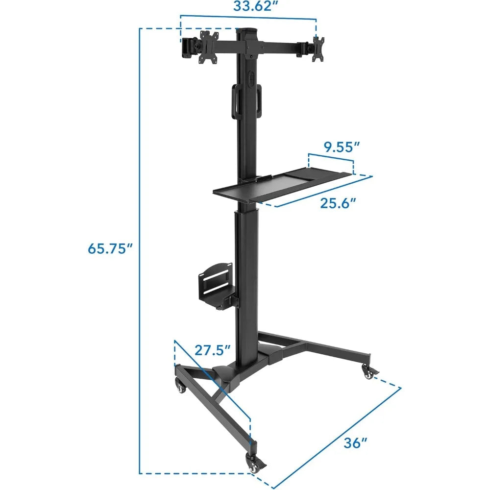 Adjustable Rolling Computer Cart Mobile Desk for Dual Monitors up to 32"