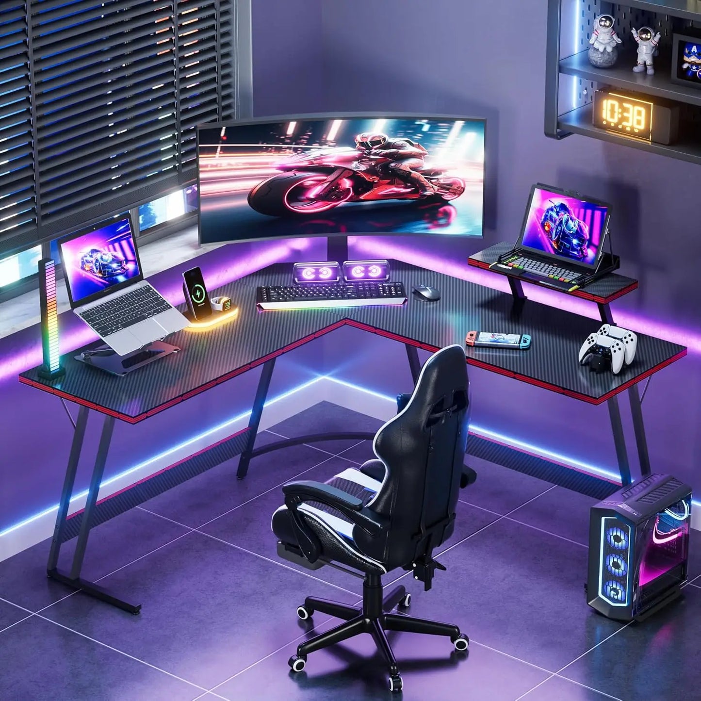 L Shaped Gaming Desk Corner PC Table with Monitor Riser for Home Office