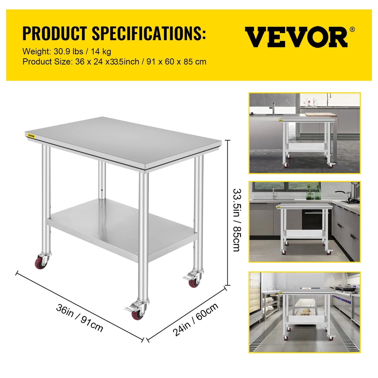 VEVOR Stainless Steel Kitchen Worktable with Caster Wheels for Storage