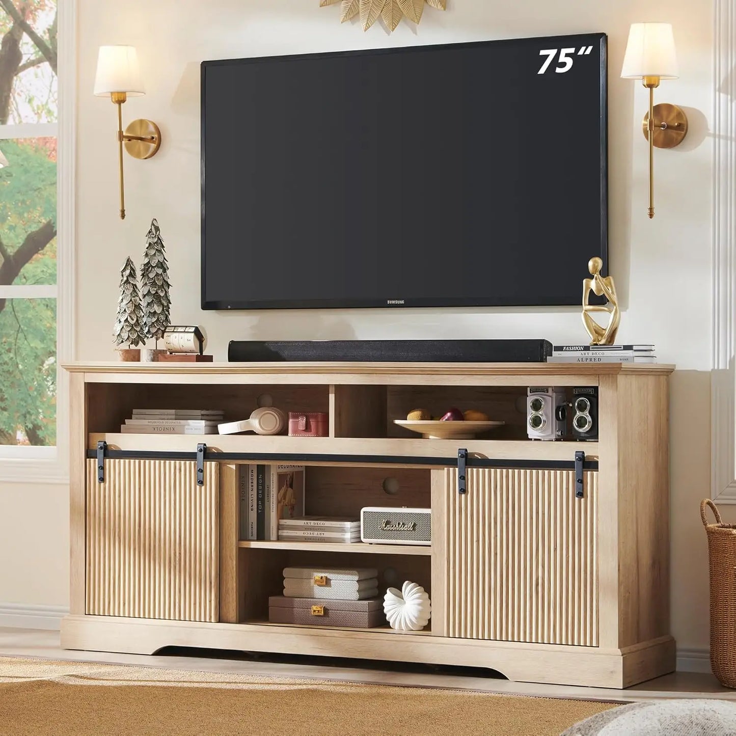 Fluted TV Stand for 75 Inch TVs Modern Entertainment Center Storage