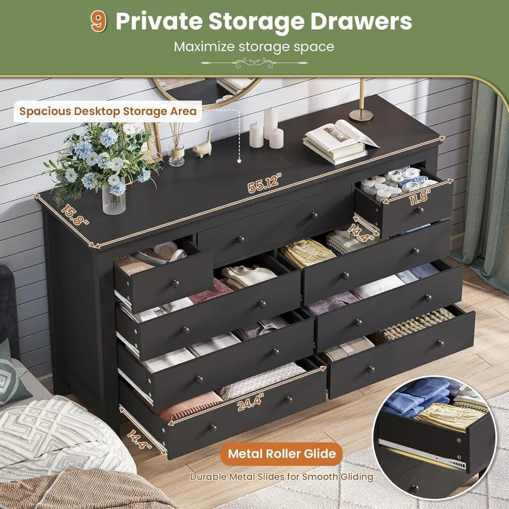 Modern Black 9 Drawer Dresser Chest for Bedroom Storage Solution